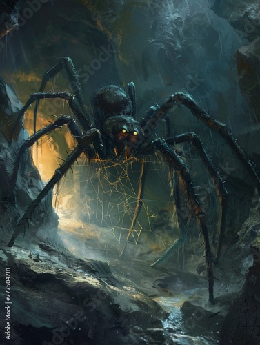 A monstrous spider, with eyes that gleam in the dark, awaits in its webfilled, shadowy cave lair © kitinut