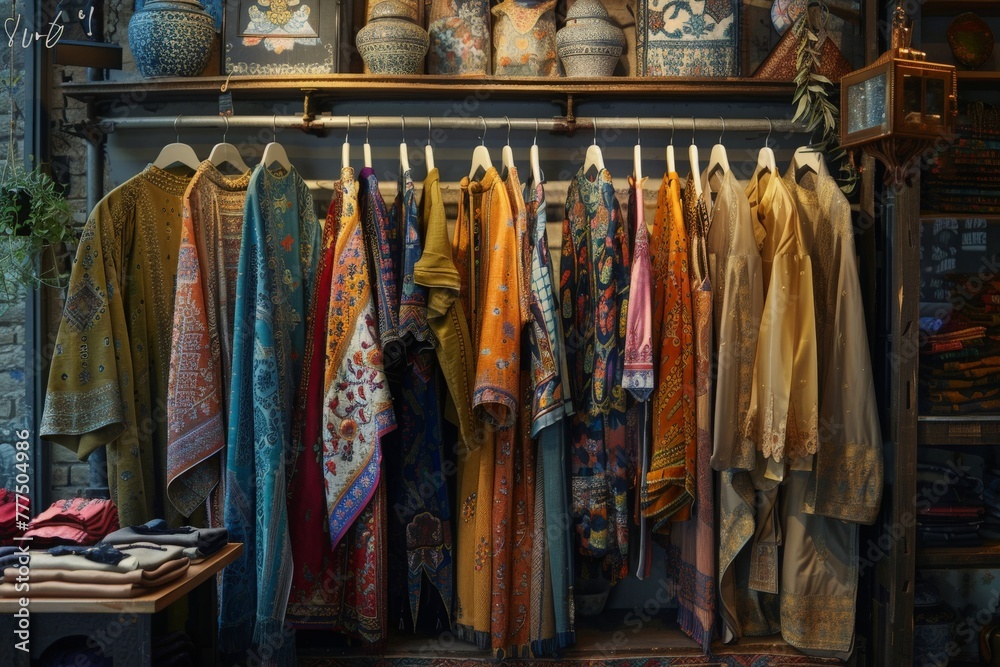 A variety of colorful and stylish clothes hanging on a rack in a playful and artistic arrangement. A variety of colorful and stylish clothes hanging on a rack in a playful and artistic arrangement.