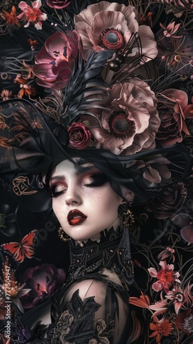 Enchanting demon amidst a floral wonderland, dark charm meets vivid hues and soft textures