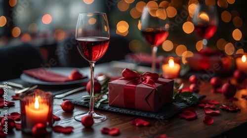  A table bearing a glass of wine, a candle, and a box adorned with a bow