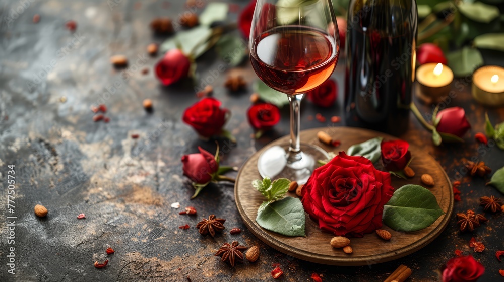   A glass of wine on the table, adjacent to a bottle and a rose atop a plate