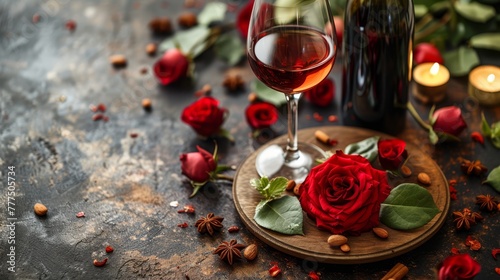   A glass of wine on the table  adjacent to a bottle and a rose atop a plate