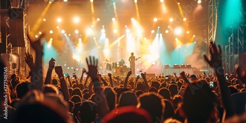 An outdoor music festival with a stage and cheering crowd, capturing the energetic and festive atmosphere of summer events