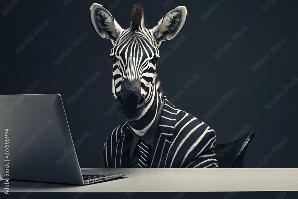 Naklejka premium A zebra is sitting at a desk with a laptop in front of him