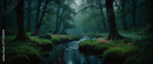 Beautiful green forest, dark mode tones, long exposure picture, small river. Generated AI