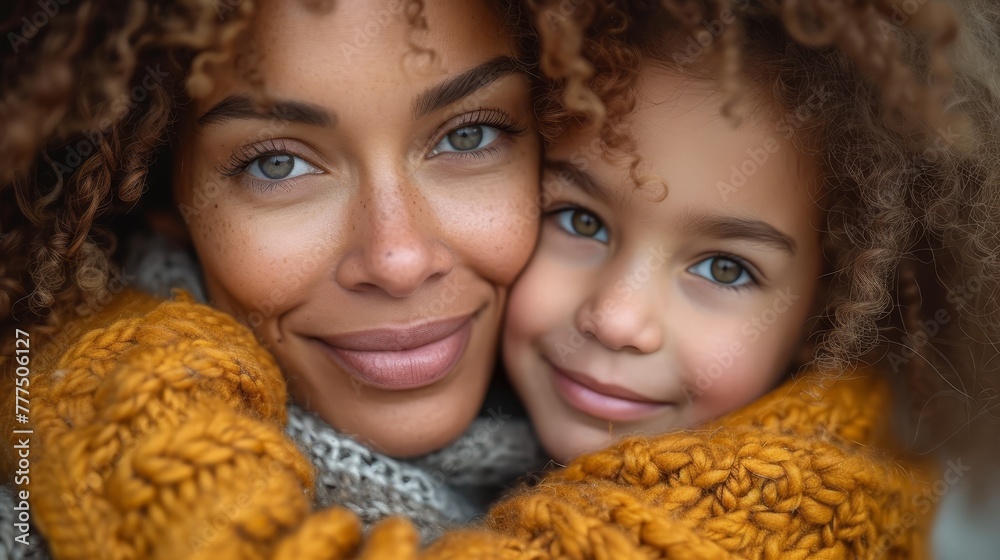 A close-up of a woman and a child, both with curly hair and blue eyes, wearing scarves A close-up of a woman and a child, both with curly hair and blue eyes, wearing scarves