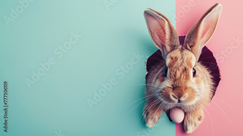 Easter Bunny peeking out of a hole with chocolate easter eggs on pastel wall banner, Generative AI © FotoAmp