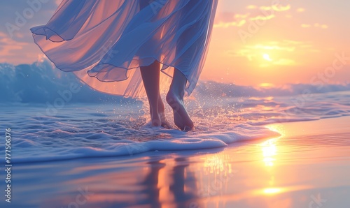 A closeup of the woman s feet walking on sand  with waves crashing in front and sunset lighting up her skin. 