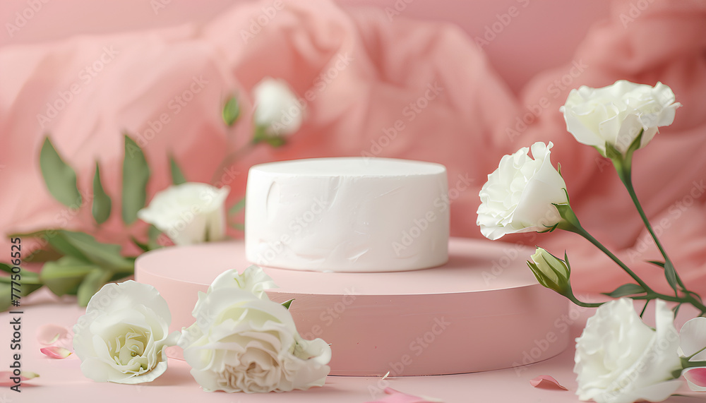 Composition with plaster podium and beautiful eustoma flowers on pink background Composition with plaster podium and beautiful eustoma flowers on pink background
