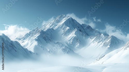   A mountain range  covered in snow  lies beneath a blue sky dotted with clouds in the foreground The background showcases a vast expanse of blue sky speckled with white clouds