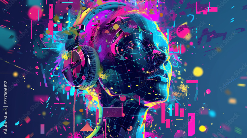 Digital art of an AI humanoid with headphones, surrounded by abstract tech elements and vibrant colors. 