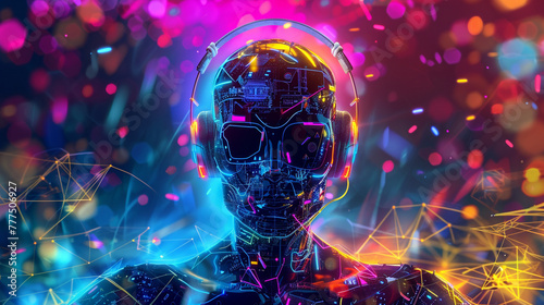 Digital art of an AI humanoid with headphones, surrounded by abstract tech elements and vibrant colors.  © Aisyaqilumar