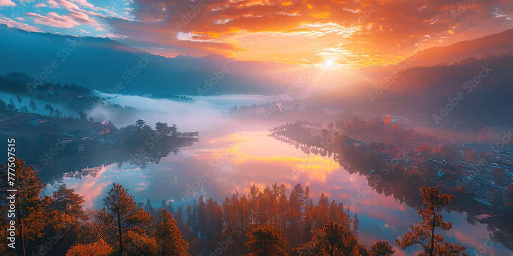 Fototapeta premium A breathtaking sunrise over the mist-covered lake, casting warm hues across the sky and illuminating trees on both sides. The fog hovering over the village is being beautifully illuminated at sunset,