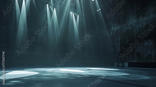 an atmospheric image of an isolated ice hockey rink under intricate spotlight patterns attractive look