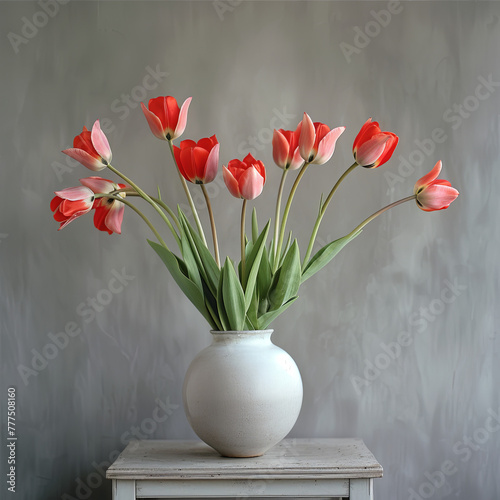 Tulips blooming in a vase placed on a minimalist room