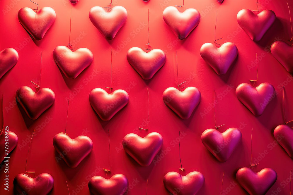 Romantic and Festive Red Hearts Decorations Hanging in Room with Cozy Red Walls and Curtains