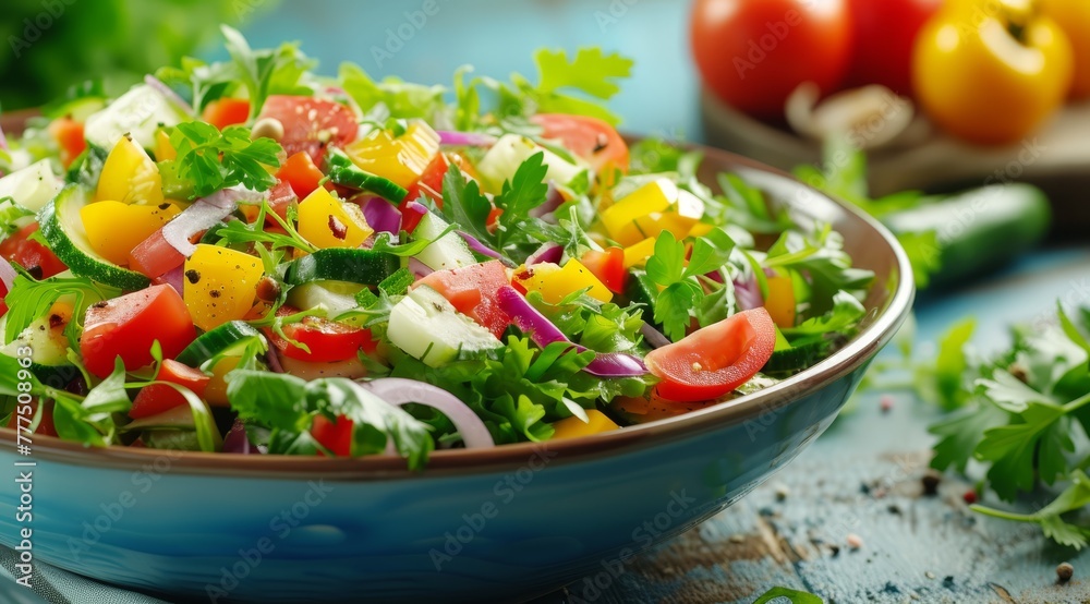   A tight shot of a salad in a bowl on a table Tomatoes, onions, lettuce, and parsley are prominently displayed