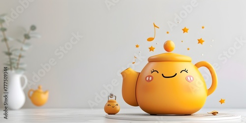 A delightful tea kettle character with a cheerful expression whistling melodious tunes creating a sense of tranquility photo