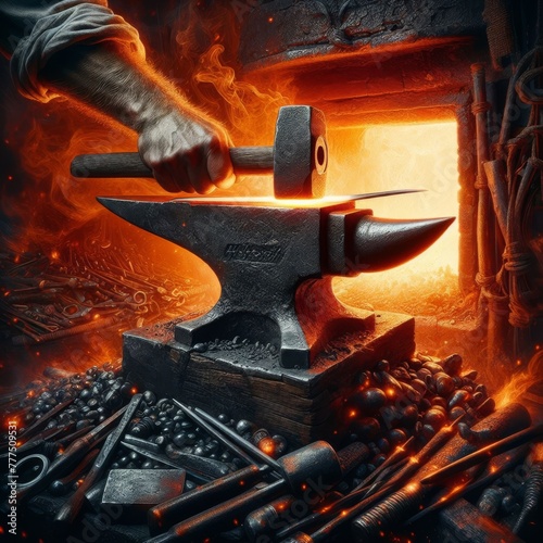 Iron anvil lit by red hot furness coals, with hammer and tools
 photo