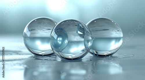  Three glass balls atop a white table Nearby, a blue and white wall and floor