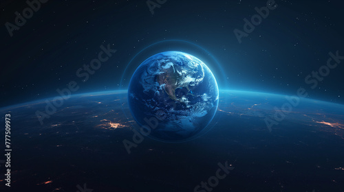 Dark blue vector background. Planet Earth. Abstract technological rings in the orbit of the planet. Global communication system and communication satellites. Religious image. The effect of movement.