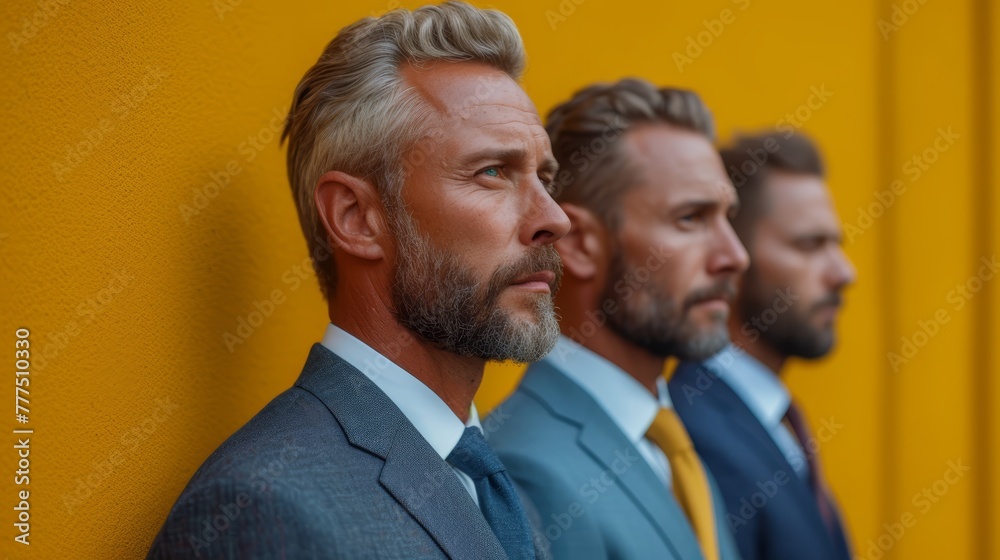 Three men in suits stand before a yellow backdrop, each with a yellow wall behind them Three men in suits stand before a yellow backdrop, each with a yellow wall behind them