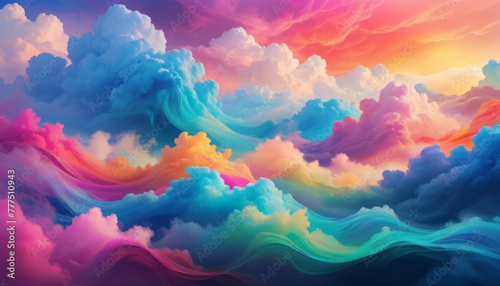 A dreamscape of fluffy, swirling clouds basking in a surreal blend of vivid sunset colors, evoking a sense of wonder.. AI Generation