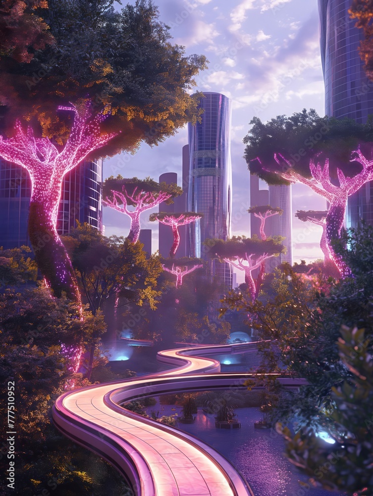 a futuristic urban park with holographic trees, blending nature with technology, illustrators vision