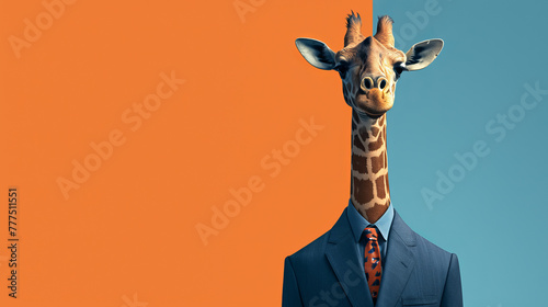A giraffe wearing a suit and tie is the main focus of the image. The orange background and blue suit create a sense of contrast and make the giraffe stand out. The image conveys a playful