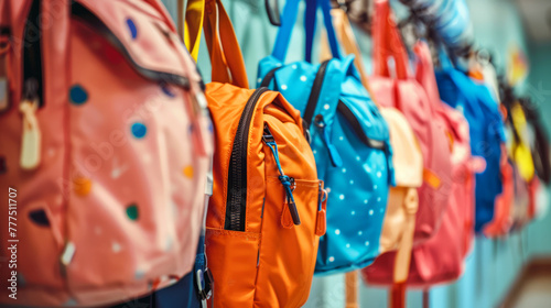 Assortment of Colorful Backpacks Lined Up, Ready for School Year Beginnings photo