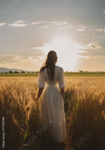 Historical representation of a pretty young pioneer mennonite brunette woman with long hair and white dress. Back view. Vibrant cinematic field background. Old west, wild west. Bright sun settting