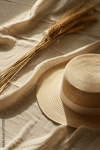 A straw hat sits on a table next to a bunch of wheat