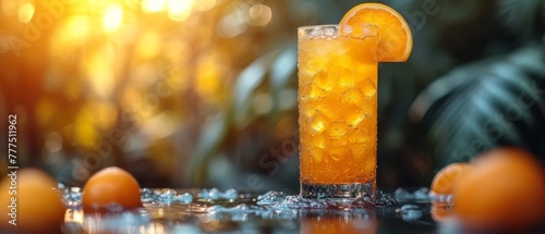  A tight shot of a glass holding an orange slice on a table Surrounding oranges and trees visible in the background