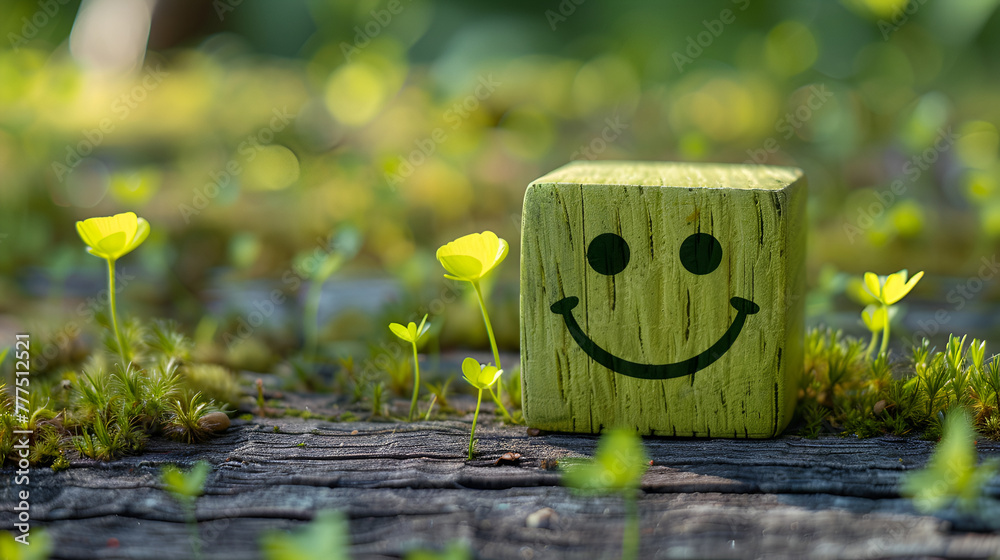 smile face on green wood cube,  satisfaction and emotion concept, ranking, customer review, Generative Ai - obrazy, fototapety, plakaty 