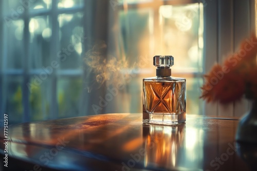 highend perfume bottle amidst soft light, essence of luxury, simple setting photo