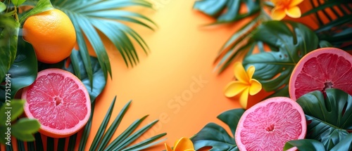  Grapefruits, oranges, and palm leaves against a yellow and orange backdrop, adorned with flowers and leaves
