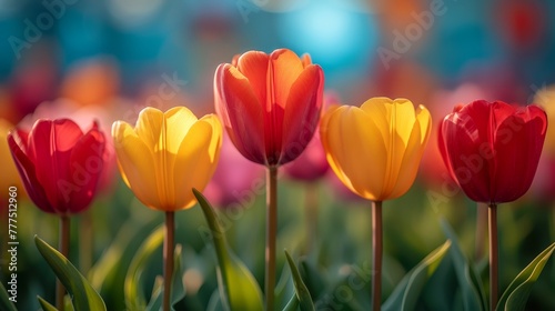   A field of green and yellow tulips with a group of red  pink among them