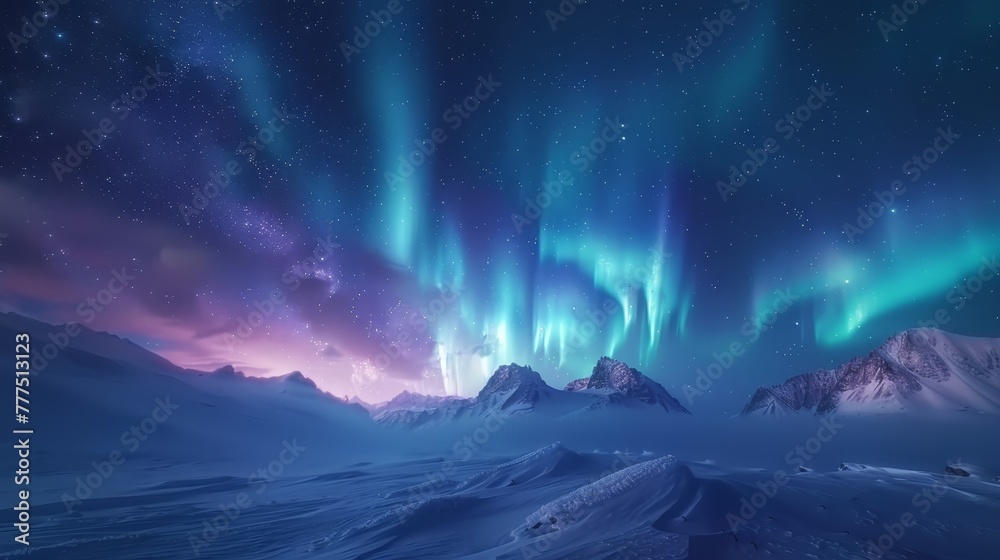 The sky is filled with auroras and stars. The mountains in the background are covered in snow