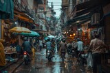 Group of people walking down wet street