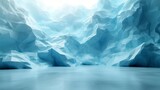   A cavernous ice cave, brimming with water and colossal icebergs, bathed in a sapphire-tinted environment as sunlight penetrates the ice