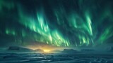 The sky is filled with green auroras and the sun is setting