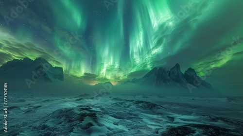 The sky is filled with green auroras and the mountains are covered in snow. Concept of wonder and awe at the beauty of nature