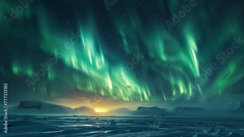 The sky is filled with green auroras and the sun is setting