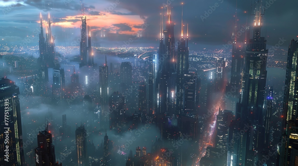 A cityscape with tall buildings and a cloudy sky. The city is lit up with neon lights, creating a futuristic and mysterious atmosphere