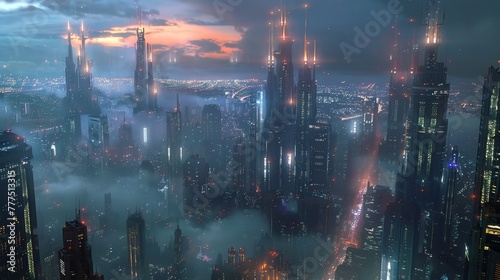A cityscape with tall buildings and a cloudy sky. The city is lit up with neon lights, creating a futuristic and mysterious atmosphere