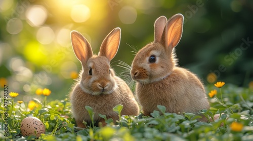   Two rabbits seated side by side in a lush grass and flower field  an egg in the foreground