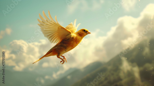 Charming canary captured in mid-flight  framed against a backdrop of soft clouds and distant mountains
