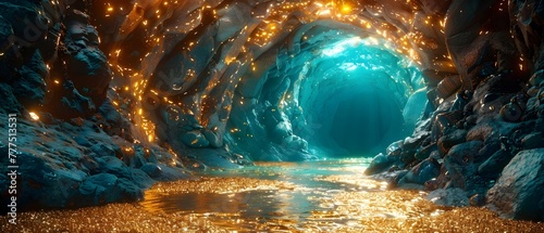 Exploring a Magical Gold Mine Tunnel with Glittering Jewels. Concept Magic, Exploration, Gold Mine, Glittering Jewels, Adventure photo