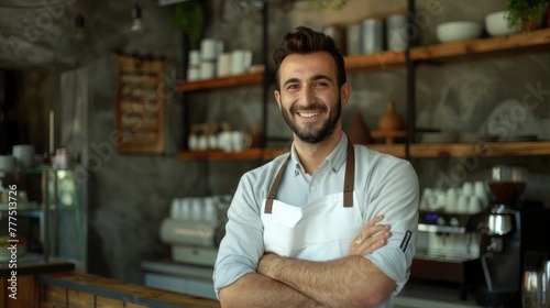 A male Turkish barista entrepreneur standing in front of his cafe