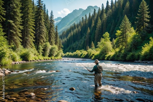 Angler fishing a water stream Amidst the beautiful nature of mountains and forests.